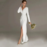 New Civil Wedding Dress V-neck Floor Length White Side Slit Bridal Gown For Bride Lawn Engagement Party Vestidos Novia